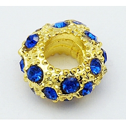Aleación Diamante de imitación abalorios europeas, Abalorios de grande agujero, rerondana plana, color metal dorado, zafiro, 11x5.5mm, agujero: 5 mm