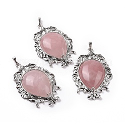 Gros pendentifs en quartz rose naturel, charmes de larme, avec les accessoires en laiton placage en rack de ton de platine, 56x37x8mm, Trou: 7x4.5mm