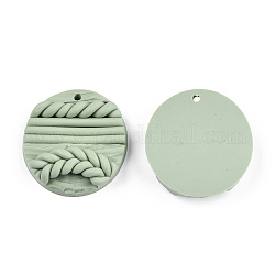 Handmade Fimo Anhänger, flach rund mit Blatt, dunkles Seegrün, 30x7.5~8 mm, Bohrung: 1.8 mm