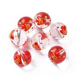 Transparent Glass Beads, with Enamel, Round, Red, Fish Pattern, 11.5~12x11mm, Hole: 1.5~1.6mm