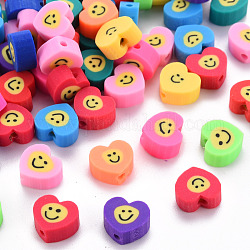 Perles en pâte polymère manuel, pour les fournitures de bricolage bijoux artisanat, coeur avec le visage de sourire, couleur mixte, 8~9x9~10x4~5mm, Trou: 1.6mm