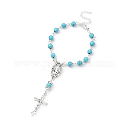 Alloy Cross Charm Bracelets, Synthetic Turquoise Rosary Beaded Style Bracelet, 7-1/8~7-1/4 inch(18.1~18.4cm)