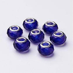 Handmade Glass European Beads, Large Hole Beads, Silver Color Brass Core, Midnight Blue, 14x8mm, Hole: 5mm