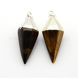 Bicone Natural Tiger Eye Pendants with Silver Tone Brass Findings, 37x14x14mm, Hole: 8x5mm
