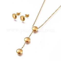 Flat Round 304 Stainless Steel Jewelry Sets, Cable Chains Pendant Necklaces and Stud Earrings, with Ear Nuts and  Lobster Claw Clasps, Golden, 19.88 inch(50.5cm), 8mm, Pin: 0.7mm