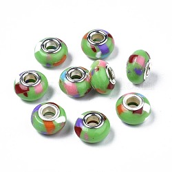 Resina perline europei, perline con foro grande, con anime in ottone tono platino, imitazione della porcellana, rondelle, verde chiaro, 14x8.5mm, Foro: 5 mm