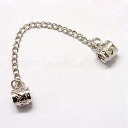 Perles européennes en alliage, avec des chaînes de sécurité en fer, pour la fabrication de bracelets européens, colonne avec le coeur, platine, 95mm, Trou: 4mm