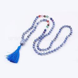 Colliers avec pendentif pompon en jaspe à pois bleu naturel, avec des perles de pierres fines, colliers chakra, 40.5 pouce (103 cm)