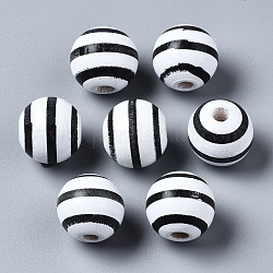 Gemalte europäische Perlen aus Naturholz, Großloch perlen, gedruckt, rund mit streifen, Schwarz, 16x15 mm, Bohrung: 4 mm