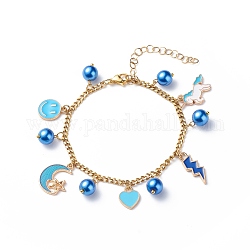 Pulsera de aleación de esmalte y perlas de vidrio con 304 cadena de acero inoxidable para mujer, cielo azul profundo, colgantes: 11~20x7.5~21x1.5~8 mm, 7-1/2 pulgada (19 cm)