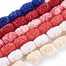 Synthetic Coral Beads Strands, Dyed, Column with Flower, Mixed Color, 31~33x20.5~23.5mm, Hole: 1mm, about 11pcs/strand, 13.4 inch(34.1cm)