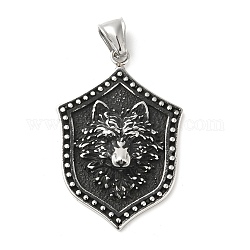 304 Stainless Steel Manual Polishing Pendants, Shield with Wolf, Antique Silver, 47x32x9mm, Hole: 4.5x9mm