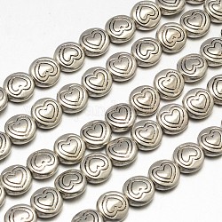 Tibetano rotonda e piatta stile con la lega del cuore fili di perline,  piombo & cadmio & nichel libero, argento antico, 6.5x3mm, Foro: 1 mm, circa 33pcs/filo, 8 pollice