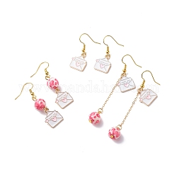 3 Pairs 3 Style Pink Alloy Enamel Charms & Resin Beads Dangle Earrings, Valentine Theme Brass Jewelry for Women, Golden, Envelope Pattern, 32~47mm, Pin: 0.5mm