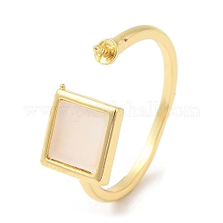 Square Brass with Shell Open Cuff Ring Component, Ring Settings, For Half-drilled Beads, Real 18K Gold Plated, Inner Diameter: 18mm, Pin: 0.8mm, Square: 9x9mm