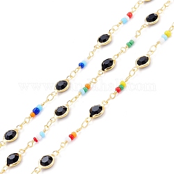 Handmade Brass Glass Flat Round Link Chains, with Glass Seed Beads, Long-Lasting Plated, Soldered, with Spool, Golden, Colorful, 13.5x2mm, 12.5x6.5x3mm, about 32.8 Feet(10m)/roll