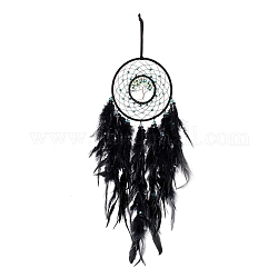 Iron & Brass Wire Woven Web/Net with Feather Pendant Decorations, with Plastic Beads, Covered with Leather and Velvet Cord, Flat Round with Tree of Life, Black, 640mm