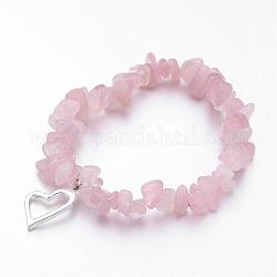 Alloy Charm Bracelets, Heart, with Natural Rose Quartz Chip Beads and Elastic Crystal Thread, Silver Color Plated, 2-1/4 inch(55mm)