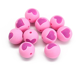 Round with Heart Pattern Food Grade Silicone Beads, Chewing Beads For Teethers, DIY Nursing Necklaces Making, Pearl Pink, 15mm