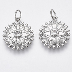 Brass Micro Pave Cubic Zirconia Pendants, Nickel Free, Flat Round with Eye, Clear, Real Platinum Plated, 17x14.5x3mm, Hole: 4mm