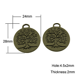 Tibetan Style Alloy Tree of Life Pendants, Lead Free & Cadmium Free & Nickel Free, Flat Round, Antique Bronze, 28x24x2mm, Hole: 4.5x2mm