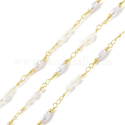 Brass Glass Bead Link Chains with ABS Imitation Pearl Beads, Unwelded, with Spool, Golden, Clear, 19.5~24.5x4.5~6x4~6mm