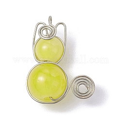 Pendentifs en perles de verre imitation jade, avec fil de cuivre platine enveloppé, breloques de licorne, jaune, 20x15~16x8~8.5mm, Trou: 2.5mm