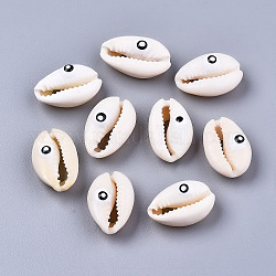 Natural Cowrie Shell Beads, with Enamel, No Hole/Undrilled, Evil Eye, White, 18~22x13~14x6~8mm
