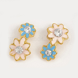 Cabochons en alliage, accessoires nail art de décoration, avec strass et émail, fleur, bleu ciel, or, 8.5x5x2.5mm