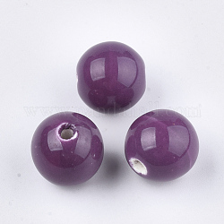 Abalorios de porcelana hechas a mano, porcelánico esmaltado brillante, redondo, púrpura, 14~14.5x13.5~14mm, agujero: 2.5~3 mm