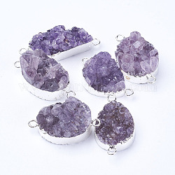 Connecteurs de liens de cristal de quartz druzy naturel, avec les accessoires en laiton, larme, couleur argentée, 36~40x19~23x8~18mm, Trou: 3mm