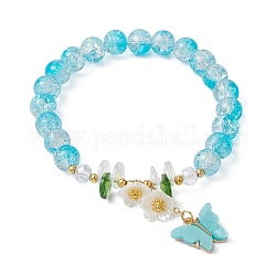 Bracelet extensible perles rondes en verre, bracelet à breloques en alliage acrylique papillon et fleur en verre, lumière bleu ciel, diamètre intérieur: 2-1/8 pouce (5.4 cm)