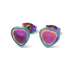 Placcatura ionica (ip) 304 orecchino a bottone in acciaio inossidabile, impostazioni orecchino, cuore, colore arcobaleno, vassoio: 7x7mm, 9x9mm, ago :0.8mm