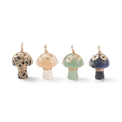 4Pcs 4 Styles Natural Mixed Stone Copper Wire Wrapped Pendants, Mushroom with Vortex Charm, Natural Green Aventurine & Cherry Blossom Agate & Dalmatian Jasper & Sodalite, Light Gold, 29x16.5mm, Hole: 3~4mm, 1pc/style