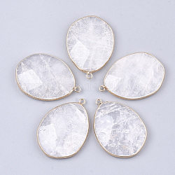 Natural Quartz Crystal Pendants, Rock Crystal Pendants, with Brass Findings, Faceted, teardrop, Golden, 44~45x31.5x8mm, Hole: 2.5mm