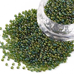 12/0 grade a perles de rocaille en verre rondes, couleurs transparentes arc, vert jaune, 12/0, 2x1.5mm, Trou: 0.9mm, environ 3333 pcs/50 g