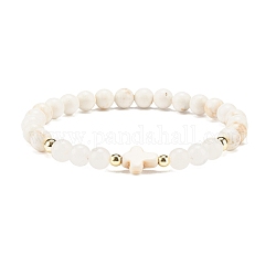 Bracelet extensible en perles de turquoise synthétique (teint), hématite et jade blanc naturel avec croix, bijoux en pierres précieuses pour femmes, blanc, diamètre intérieur: 2 pouce (5.2 cm)