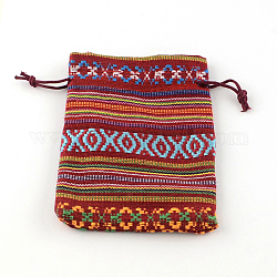 Ethnic Style Cloth Packing Pouches Drawstring Bags, Rectangle, FireBrick, 14x10cm