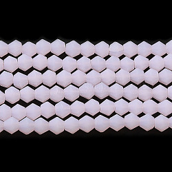 Imitation Jade Frosted Glass Bead Strands, Faceted Bicone, Pearl Pink, 4.5x3.5~4mm, Hole: 1mm, about 87~89pcs/strand, 13.98''~13.39''(33.5~34cm)