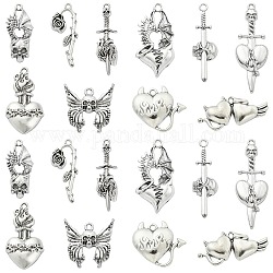 Pendenti in lega stile tibetano gotico 50 pz 10 stili, argento antico, cuore & ala & farfalla & rosa, argento antico, 24~49.5x14~32x4~7mm, Foro: 3 mm, 5pcs / style