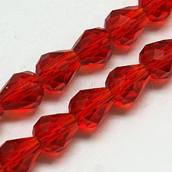 Abalorios de vidrio, facetados, gota, rojo, 12x8mm, agujero: 1 mm, aproximamente 56~58 pcs / cadena, 25~27 pulgada