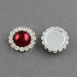 Garment Accessories Half Round ABS Plastic Imitation Pearl Cabochons, with Grade A Rhinestone and Brass Cabochon Settings, Silver Color Plated, Dark Red, 14.5x4mm