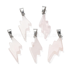 Natural Rose Quartz Pendants, Lightning Bolt Charms with Stainless Steel Color Plated 201 Stainless Steel Snap on Bails, 31~33x13~14x5mm, Hole: 7.5x4.5mm