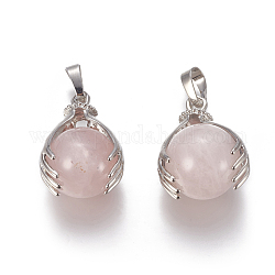 Pendentifs en pierres gemmes, avec les accessoires en laiton et quartz rose naturelles, ronde, platine, rose, 27x18mm, Trou: 4x6mm