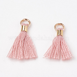 Polycotton(Polyester Cotton) Tassel Pendant Decorations, Mini Tassel, with Brass Findings, Light Gold, Pink, 10~15x3~4mm, Hole: 2mm