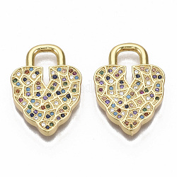 Brass Micro Pave Cubic Zirconia Pendants, Nickel Free, Heart Lock, Real 16K Gold Plated, Colorful, 23.5x17x2.5mm, Hole: 5x5mm