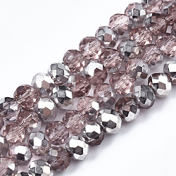 Electroplate Glass Bead Strands, Half Silver Plated, Faceted, Rondelle, Pale Violet Red, 4x3mm, Hole: 1mm, about 120~128pcs/strand, 16.14 inch(41cm)