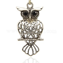 Antique Silver Alloy Rhinestone Hollow Owl Pendants for Halloween Jewelry, Jet, 51x25x13mm, Hole: 3mm