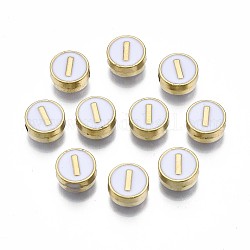 Perles d'émail en alliage, sans cadmium et sans plomb, or clair, rond et plat avec alphabet, blanc, letter.i, 8x4mm, Trou: 1.5mm