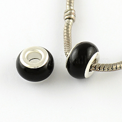 Large Hole Rondelle Resin European Beads, with Silver Color Plated Brass Double Core, Black, 14x9mm, Hole: 5mm